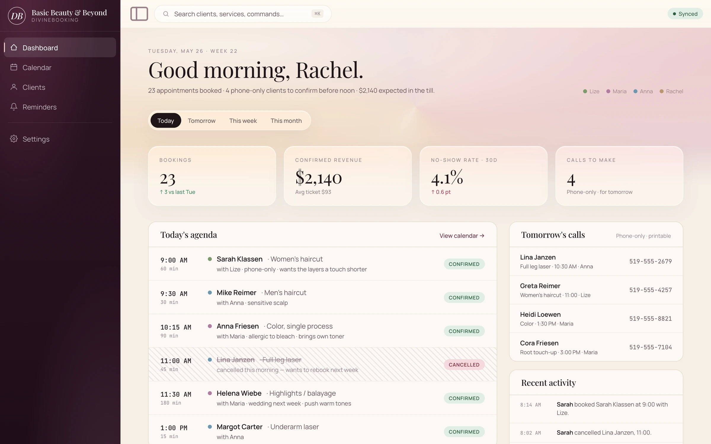 DivineBooking staff dashboard