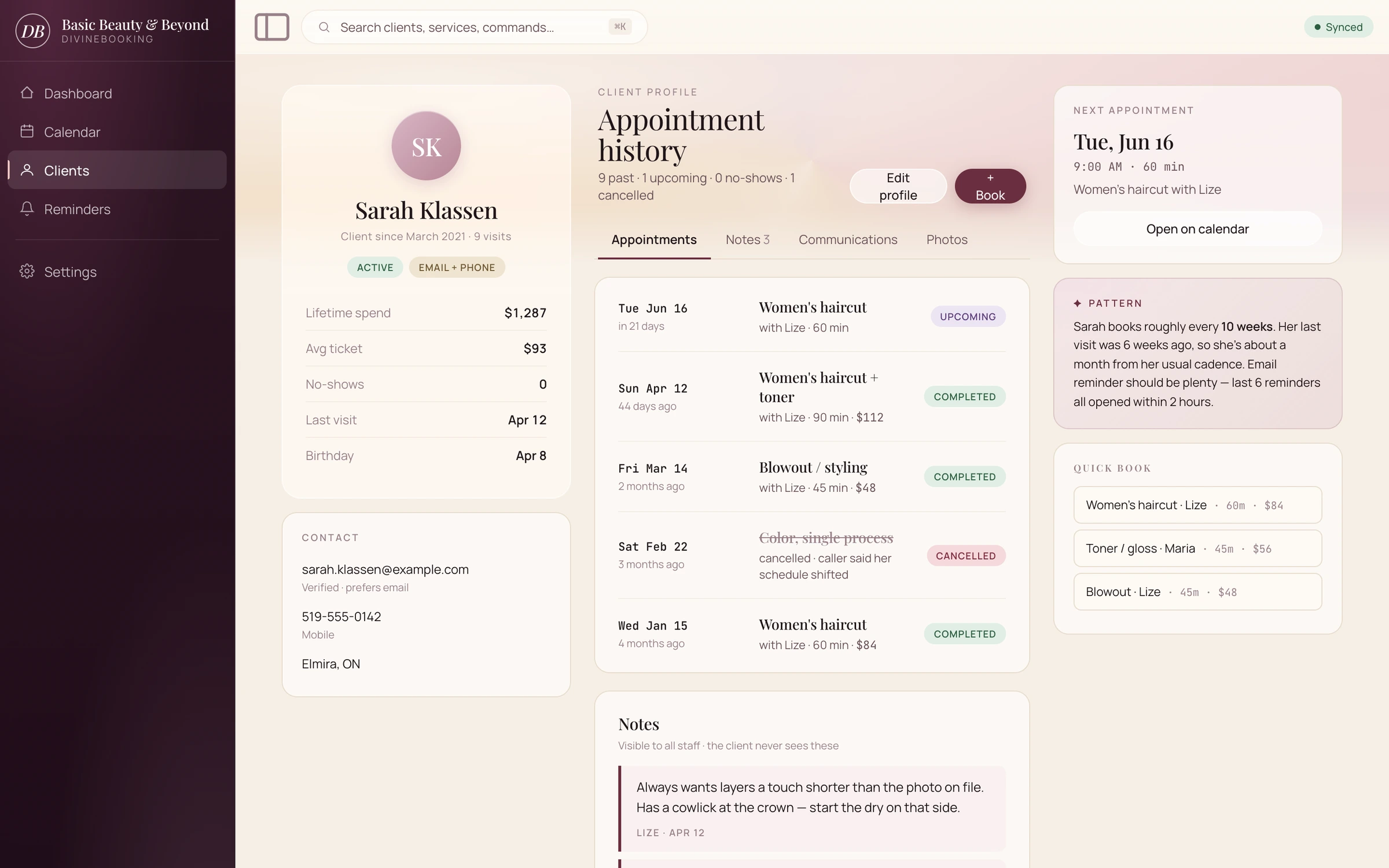 DivineBooking client detail