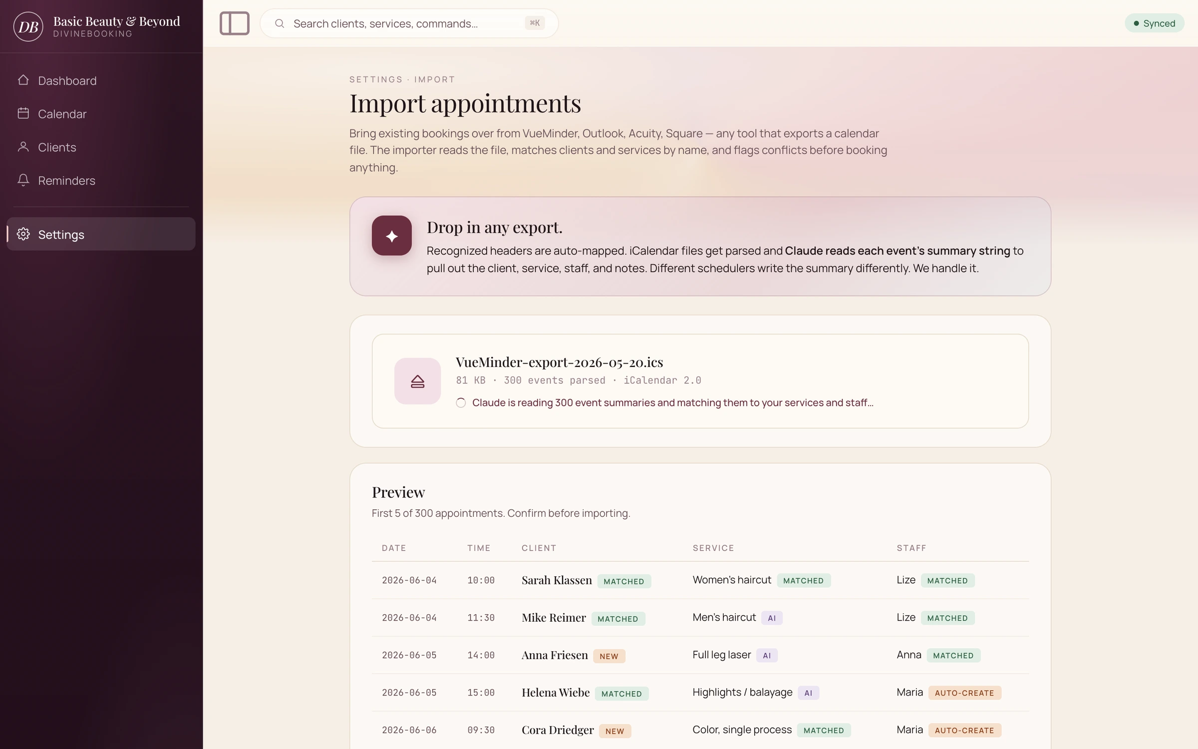 DivineBooking import flow using AI to parse calendar exports