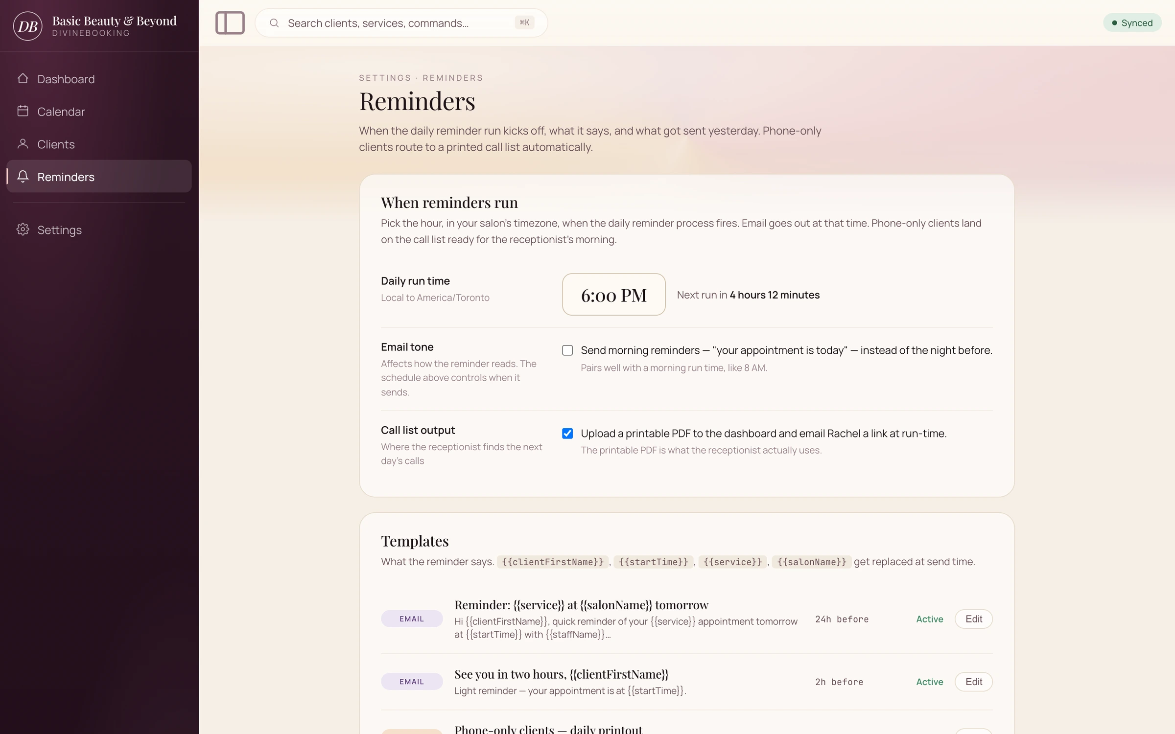 DivineBooking reminder settings