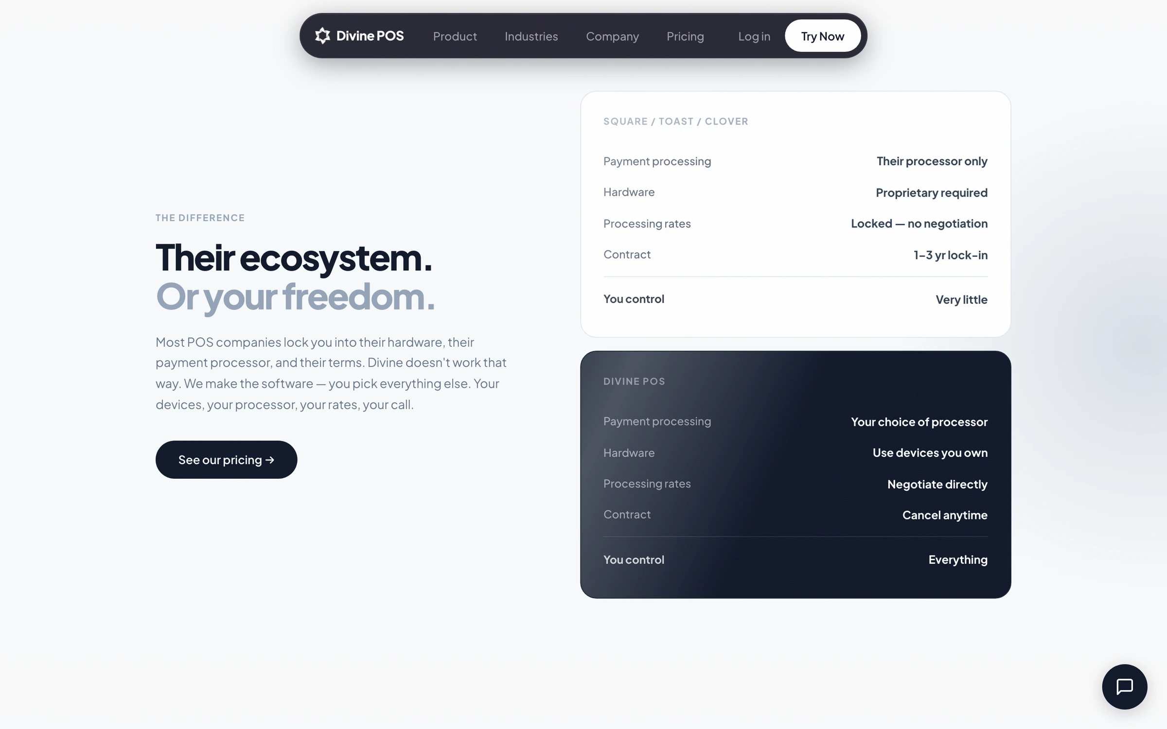 DivinePOS marketing comparison section