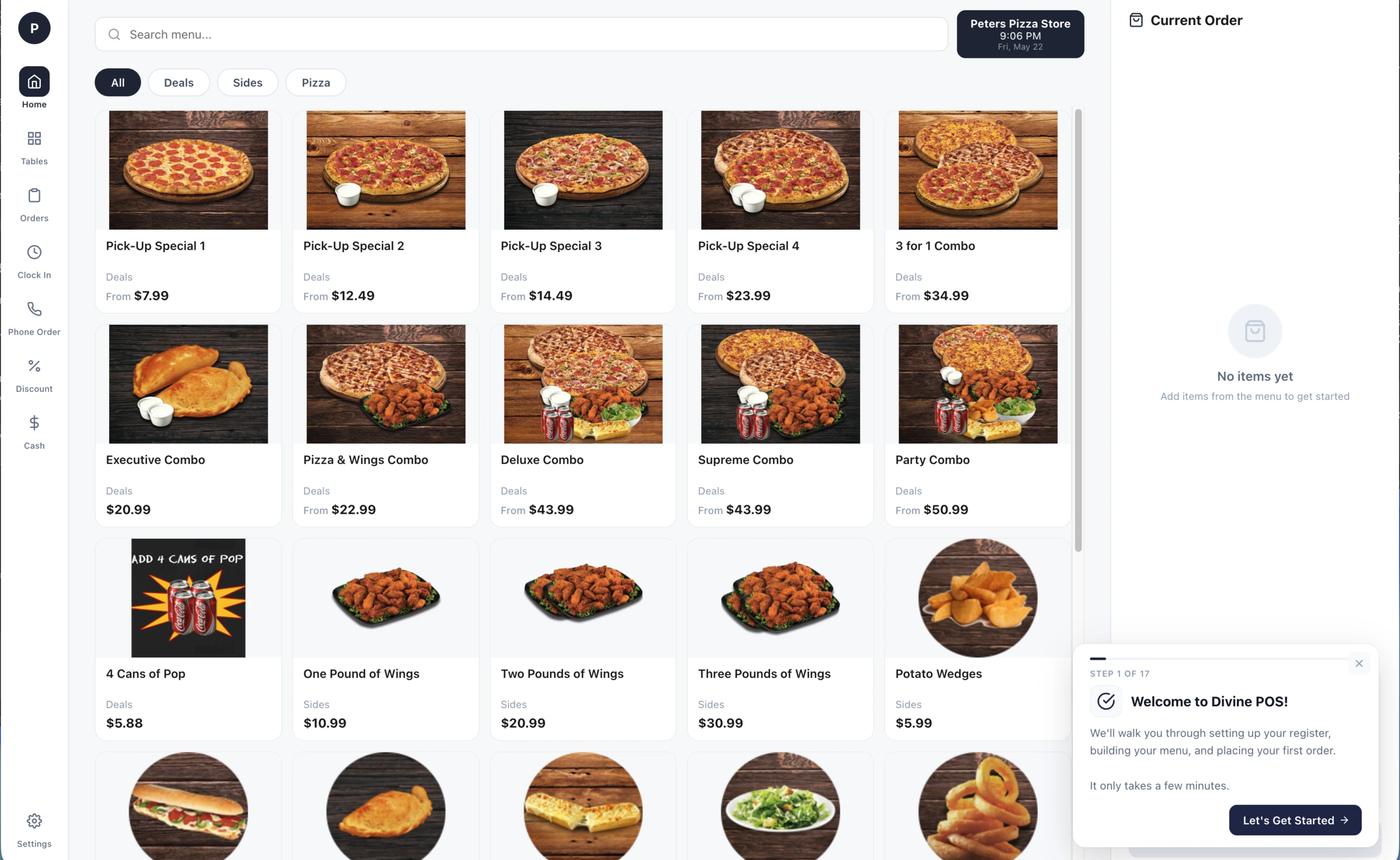 DivinePOS staff order screen, menu tiles with category tabs and pinned current order