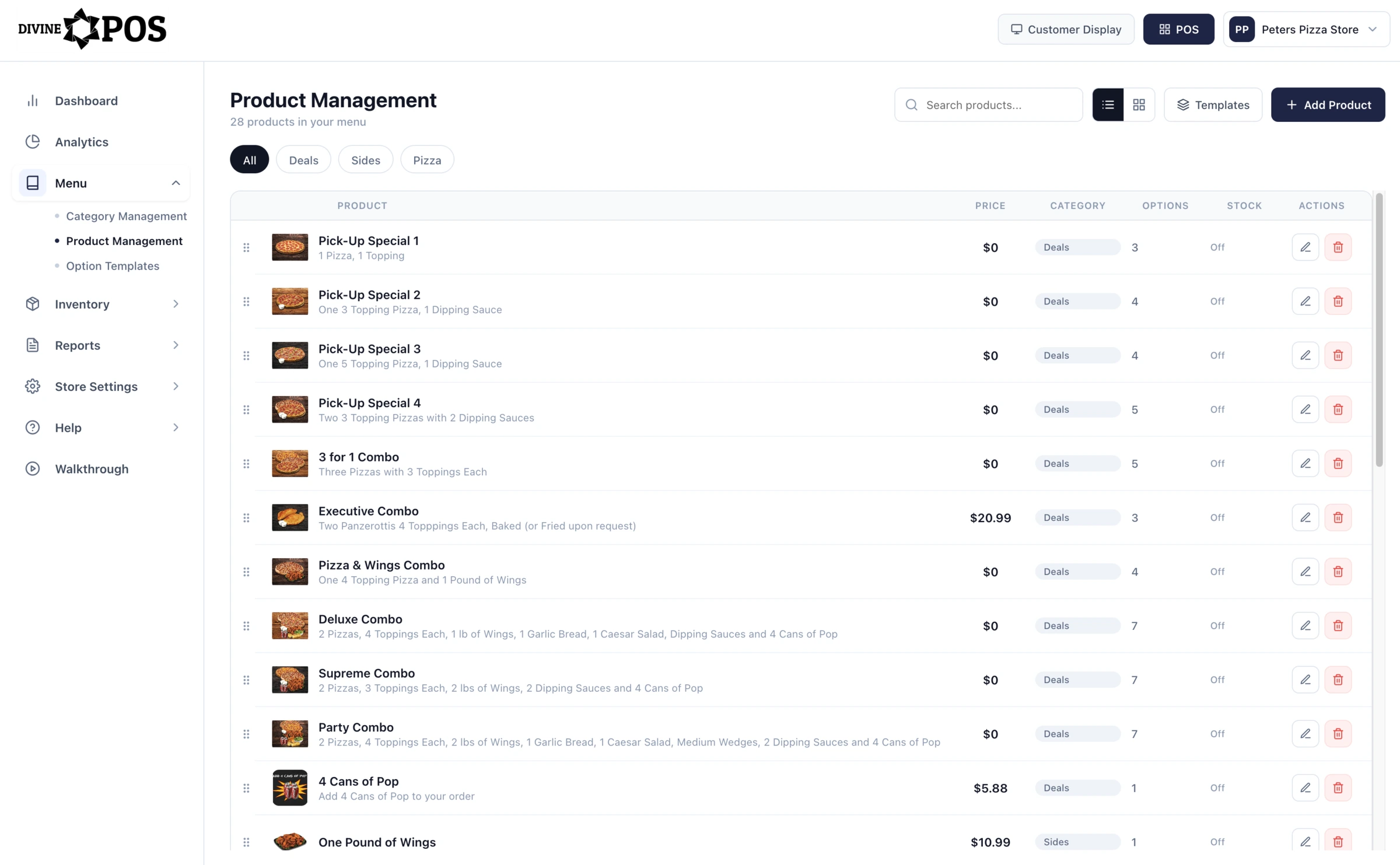 DivinePOS product management table