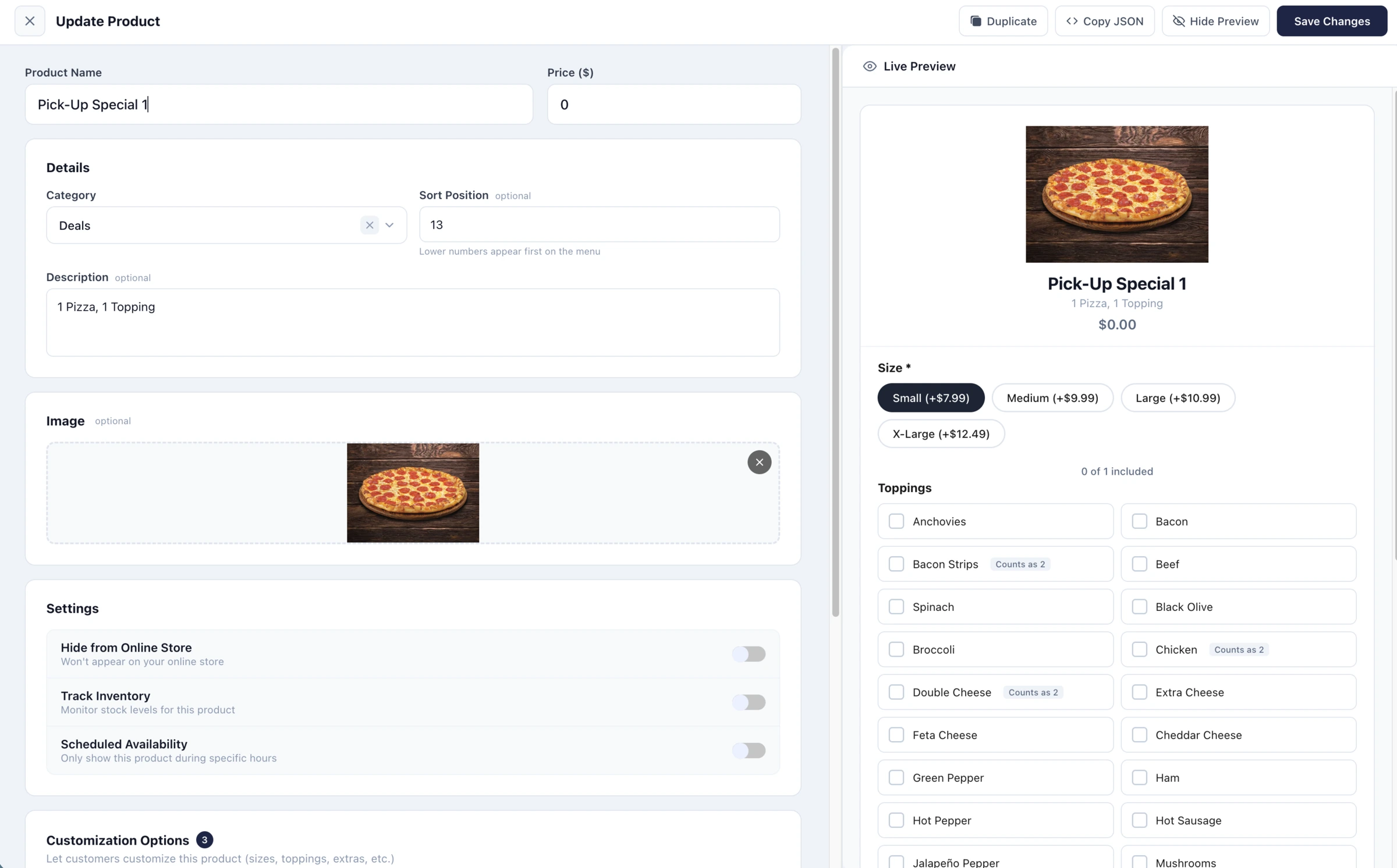 DivinePOS edit menu item screen with live customer preview