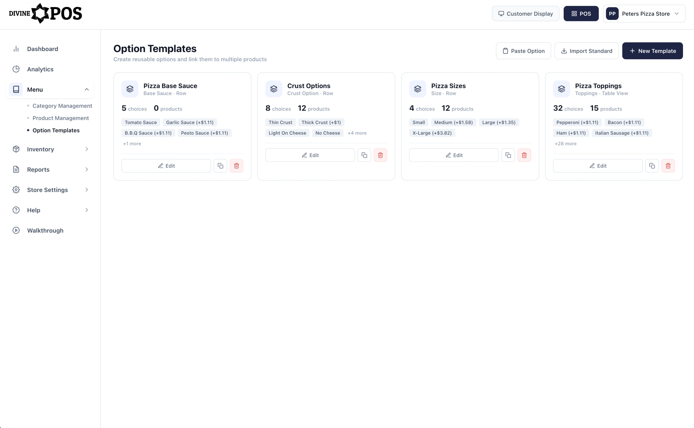 DivinePOS option templates page