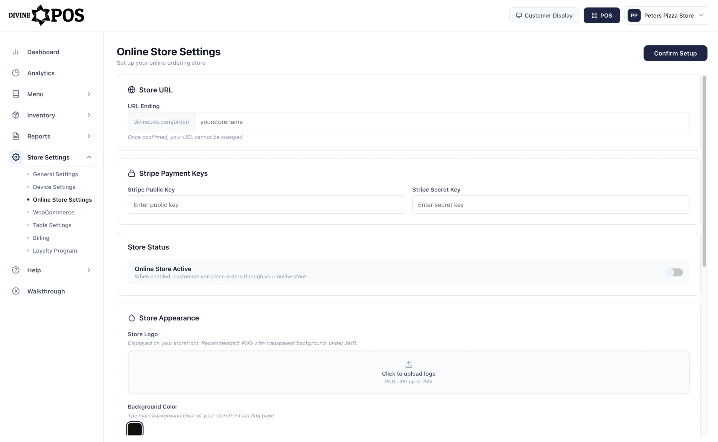 DivinePOS online store settings
