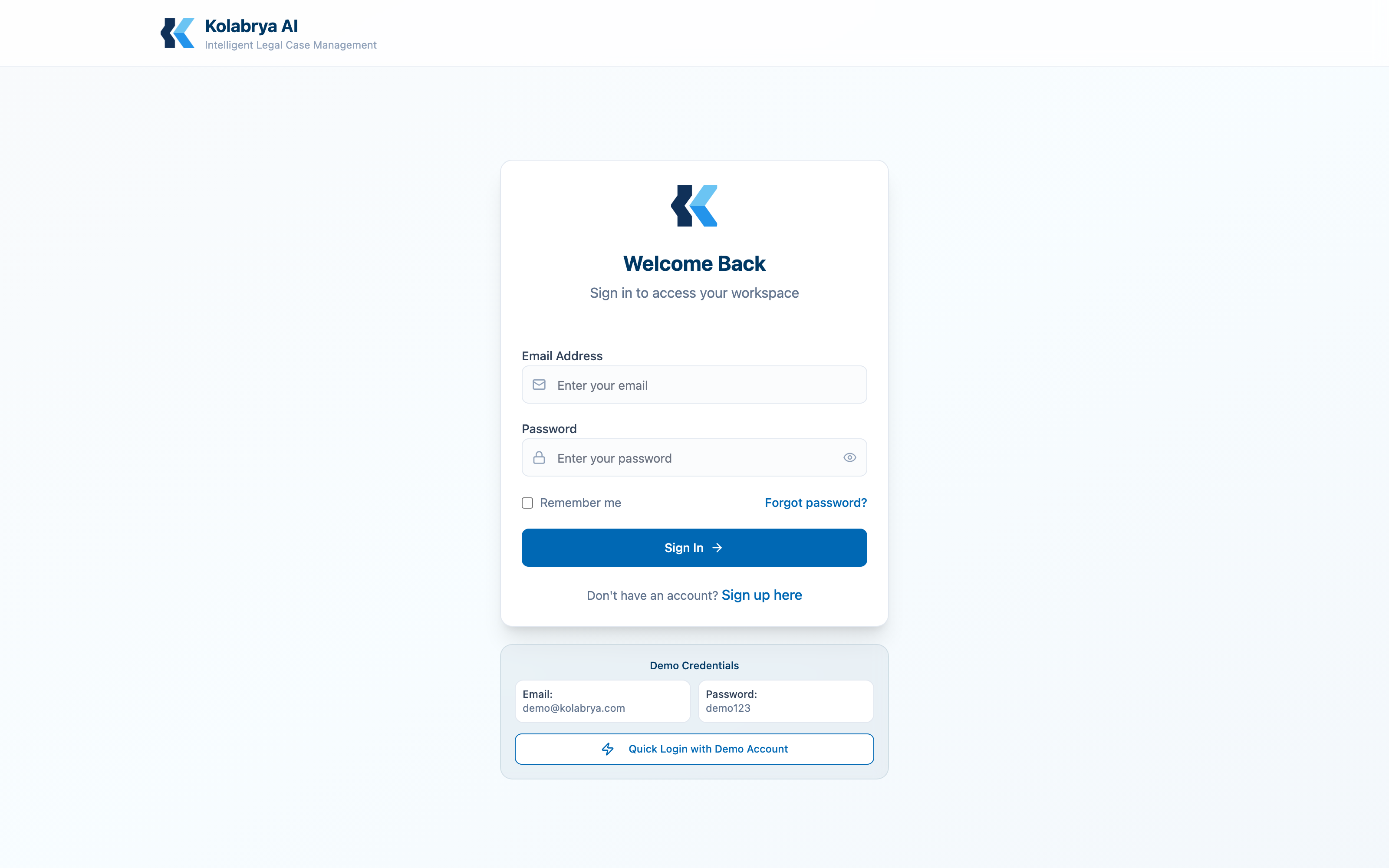 Kolabrya login screen