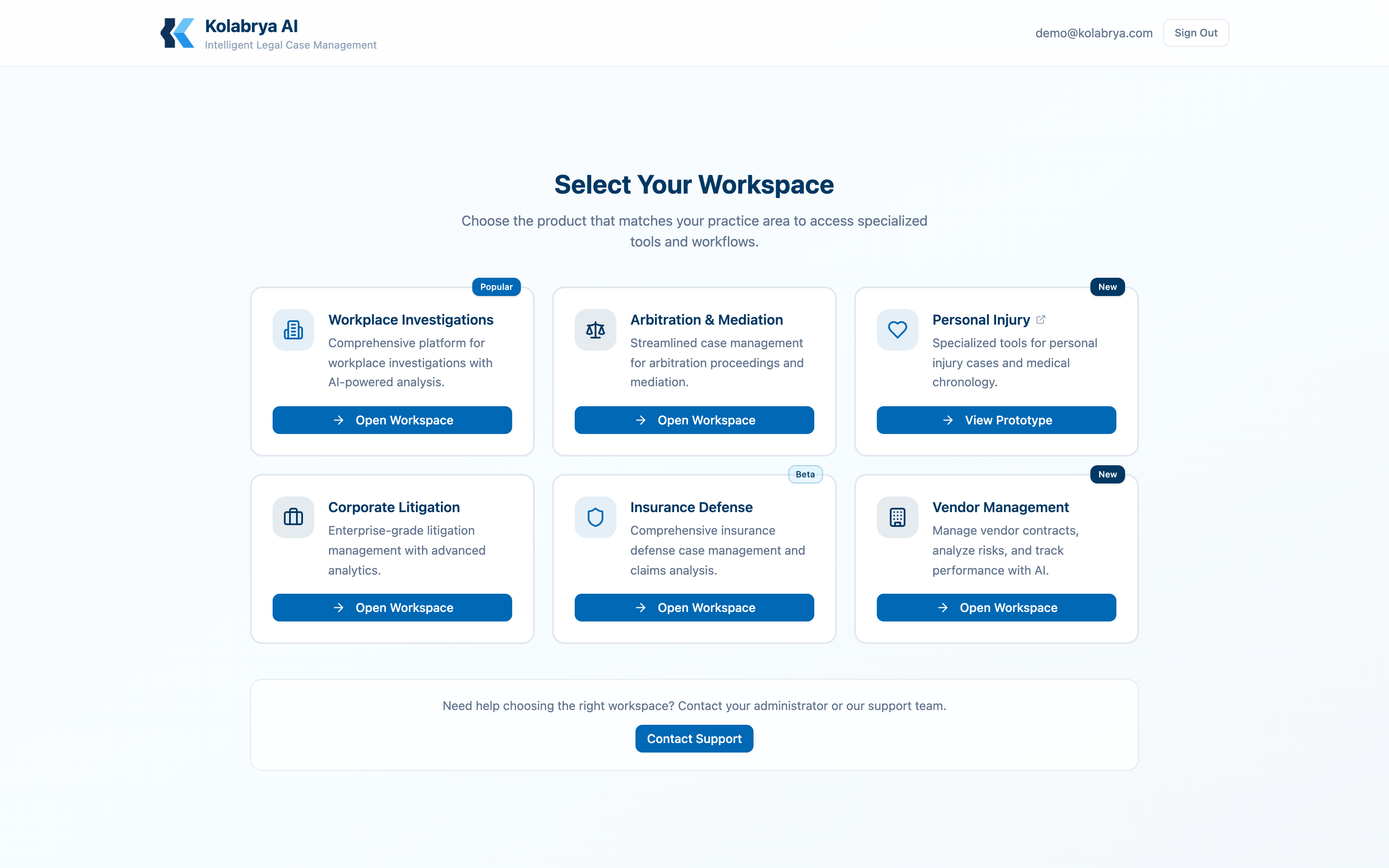 Workspace picker, five practice areas