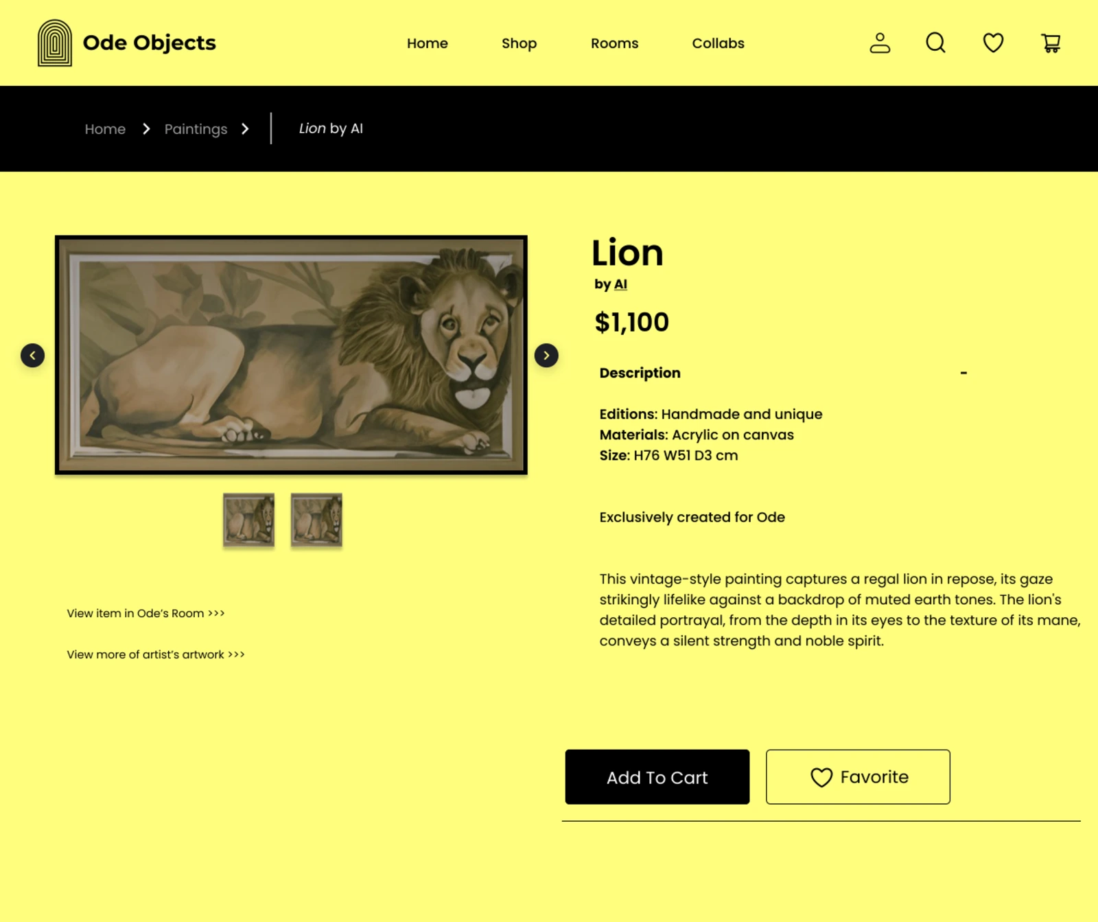 Lion painting product page on Ode Objects