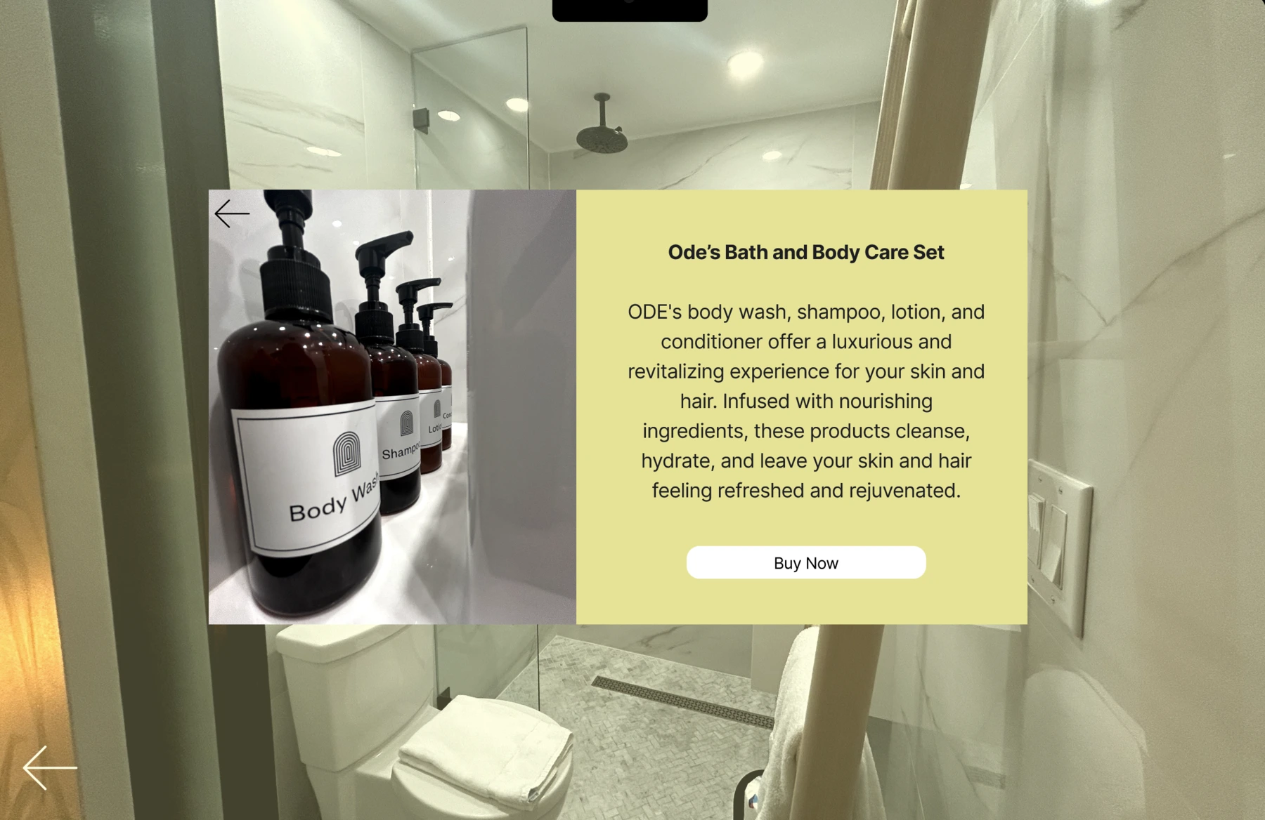 Object panel showing Ode's Bath and Body Care Set with Buy Now