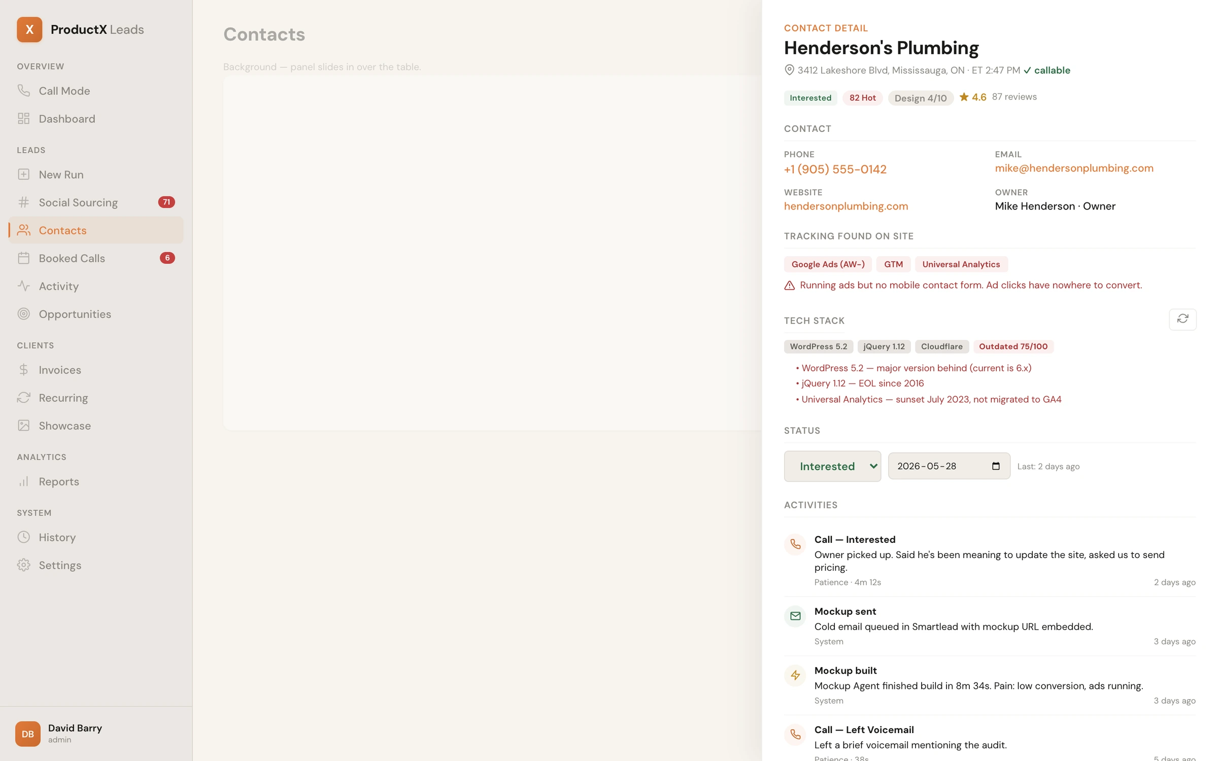 Contact panel showing real signals from the prospect's website