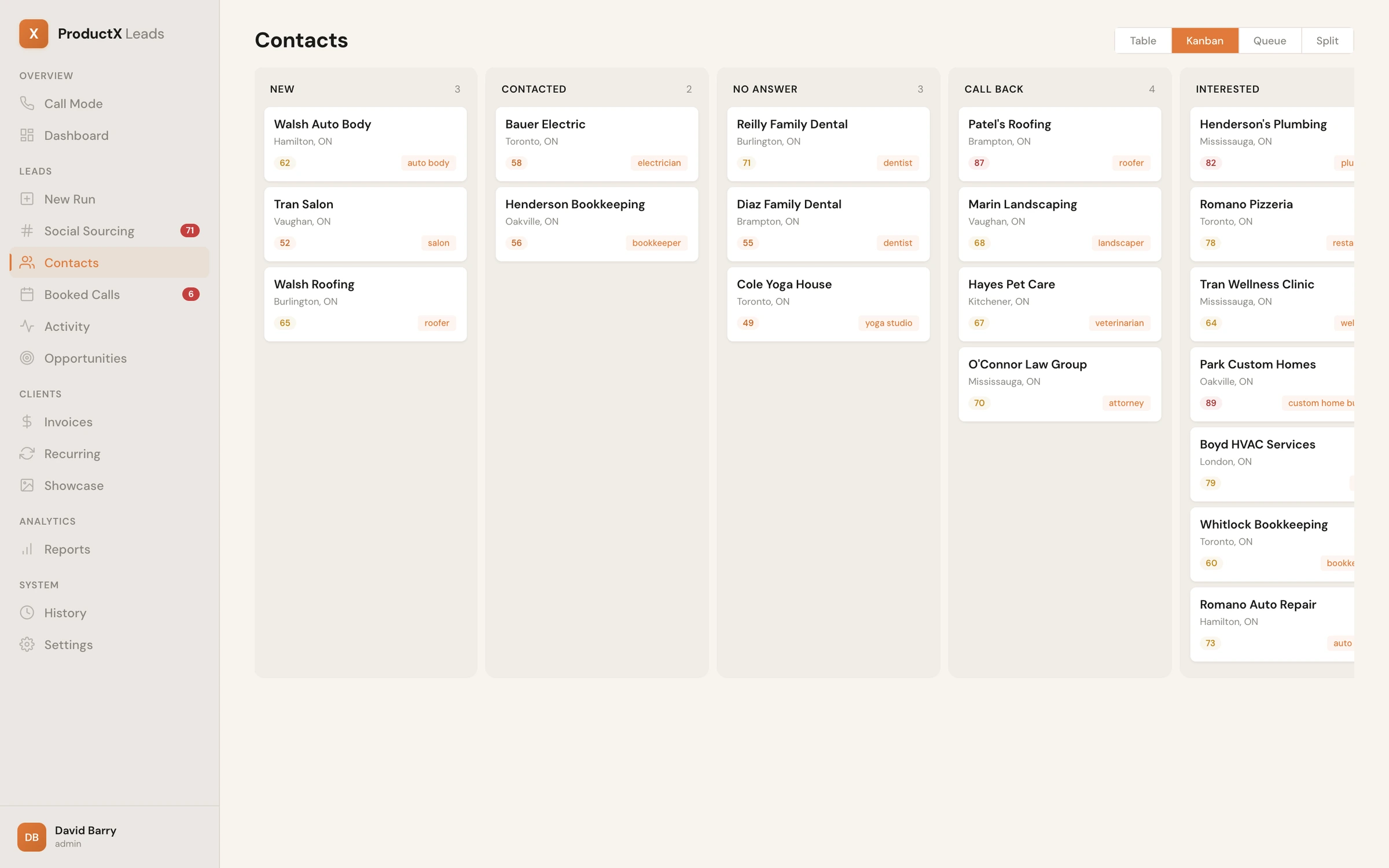 Contacts Kanban view