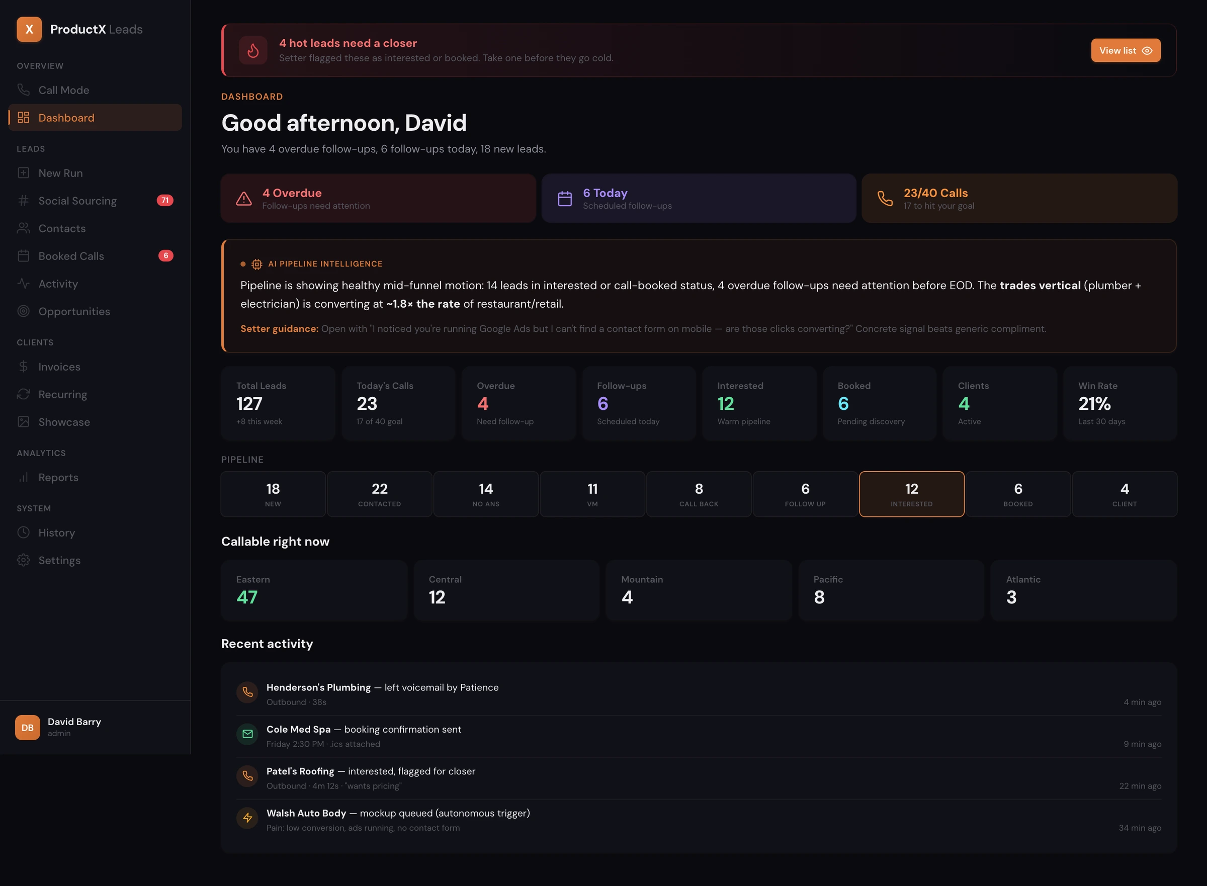 ProductX dashboard in dark mode