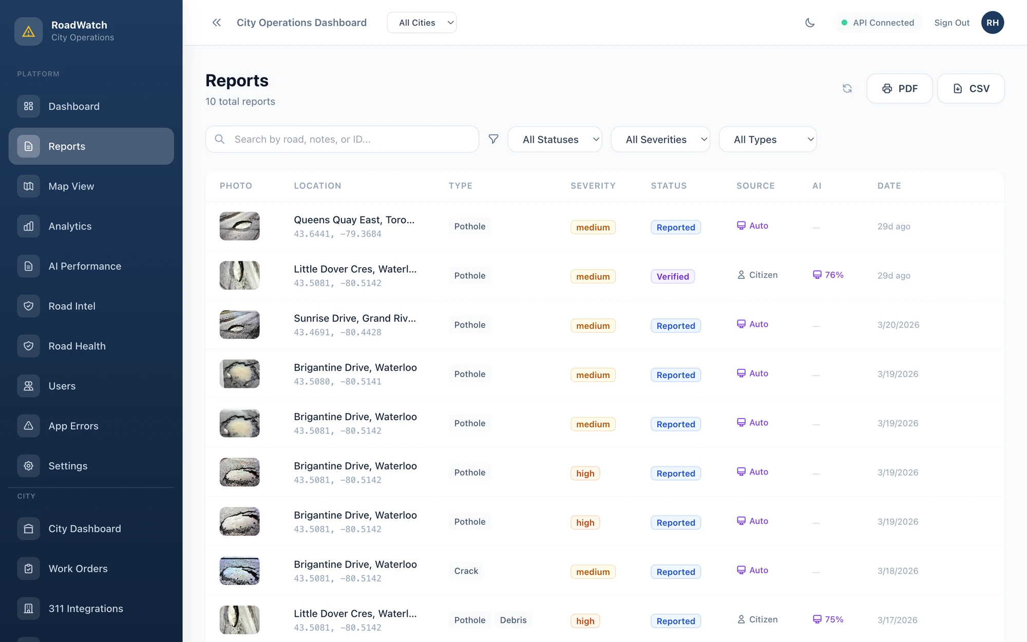 RoadHero city operations dashboard reports list